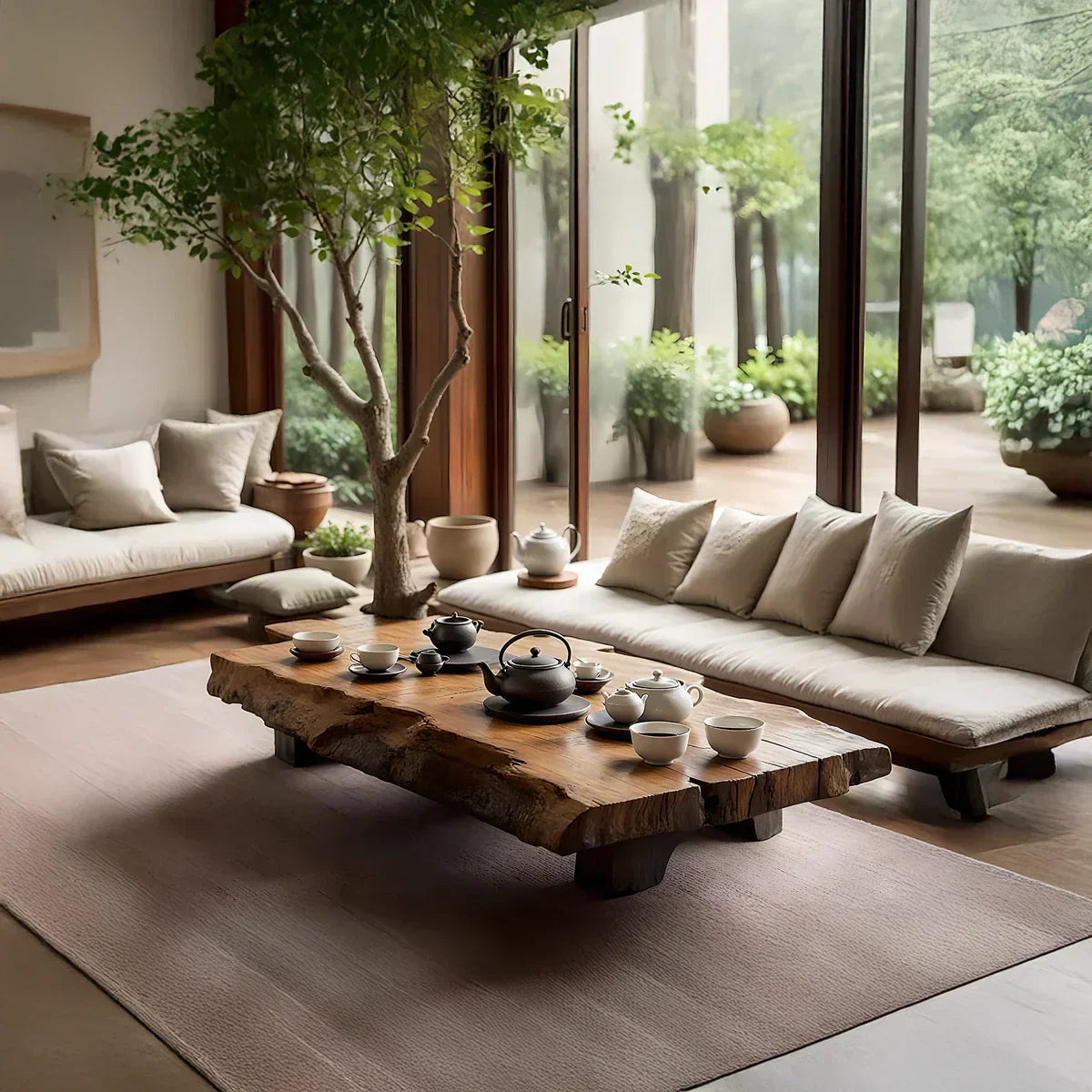 Japanese Style Solid Wood Tea Table with Live Edge Slab Top - view 2 of 5