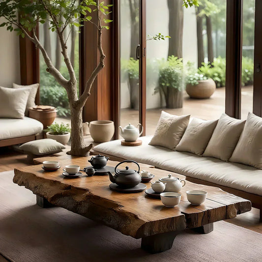 Japanese Style Solid Wood Tea Table with Live Edge Slab Top - view 1 of 5