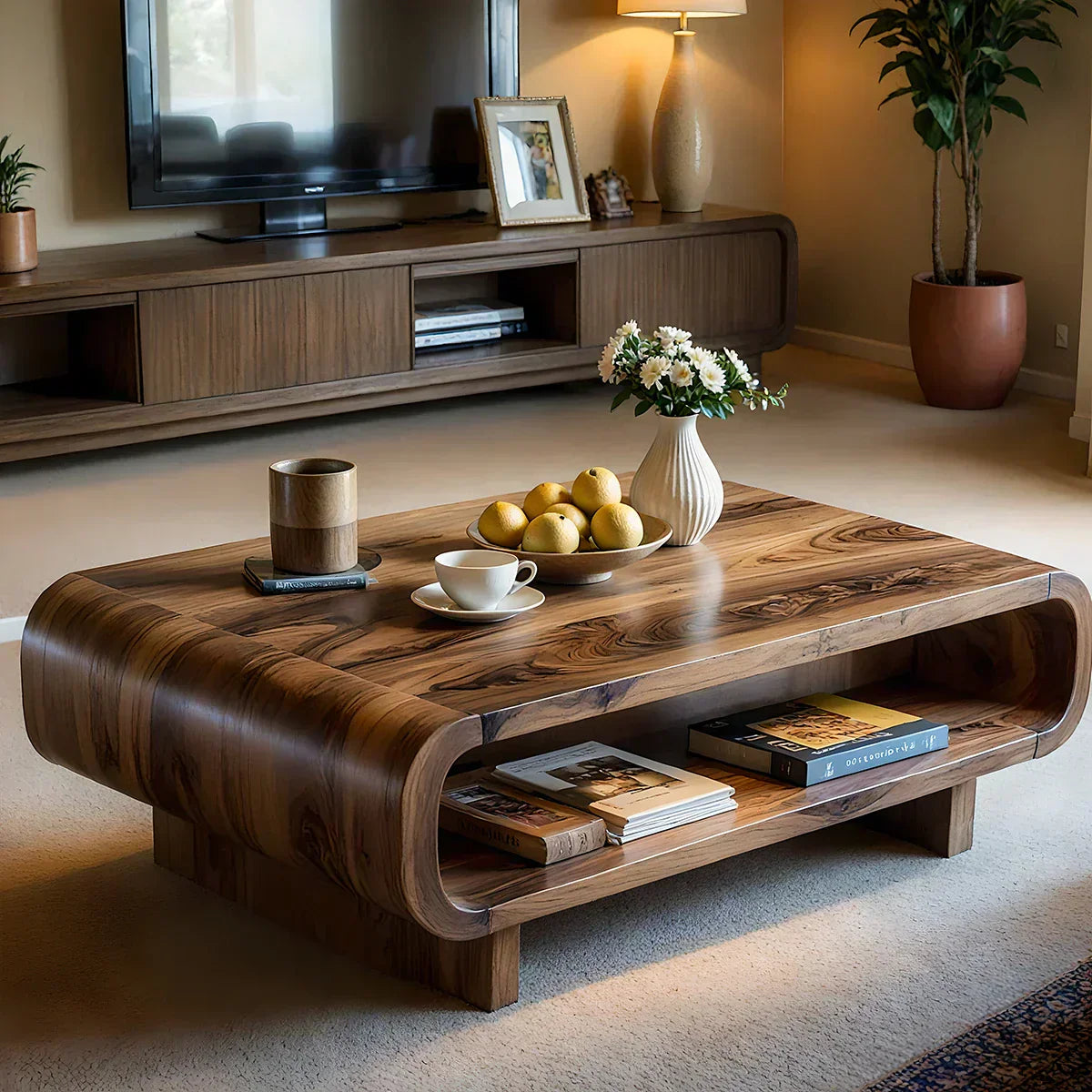 Curved Solid Wood Coffee Table with Open Shelf Storage - view 1 of 5