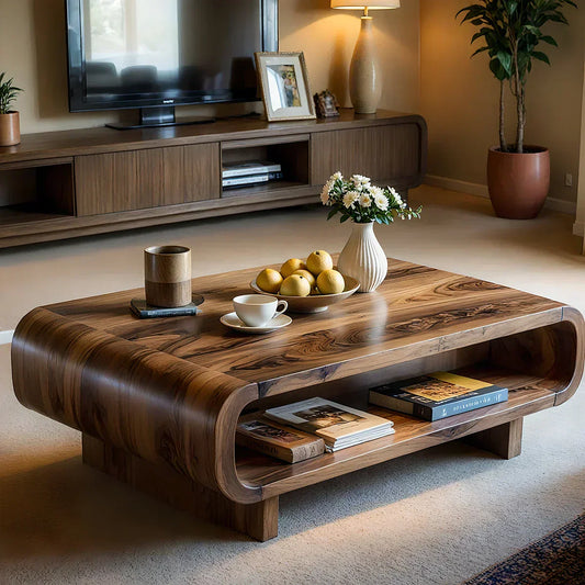 Curved Solid Wood Coffee Table with Open Shelf Storage - view 1 of 5
