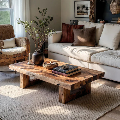 Handcrafted Solid Wood Coffee Table Rustic Low Block Center Table - view 2 of 6