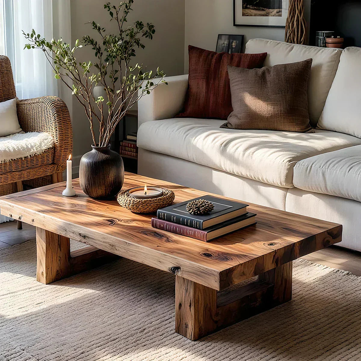 Handcrafted Solid Wood Coffee Table Rustic Low Block Center Table - view 1 of 6