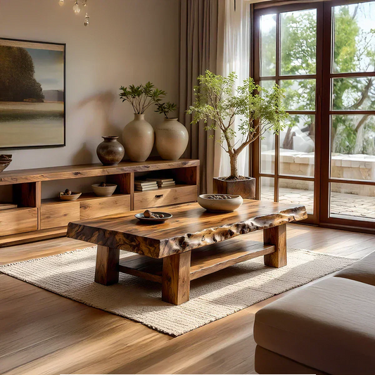 Solid Wood Coffee Table with Live Edge Top and Open Shelf Base - view 1 of 6