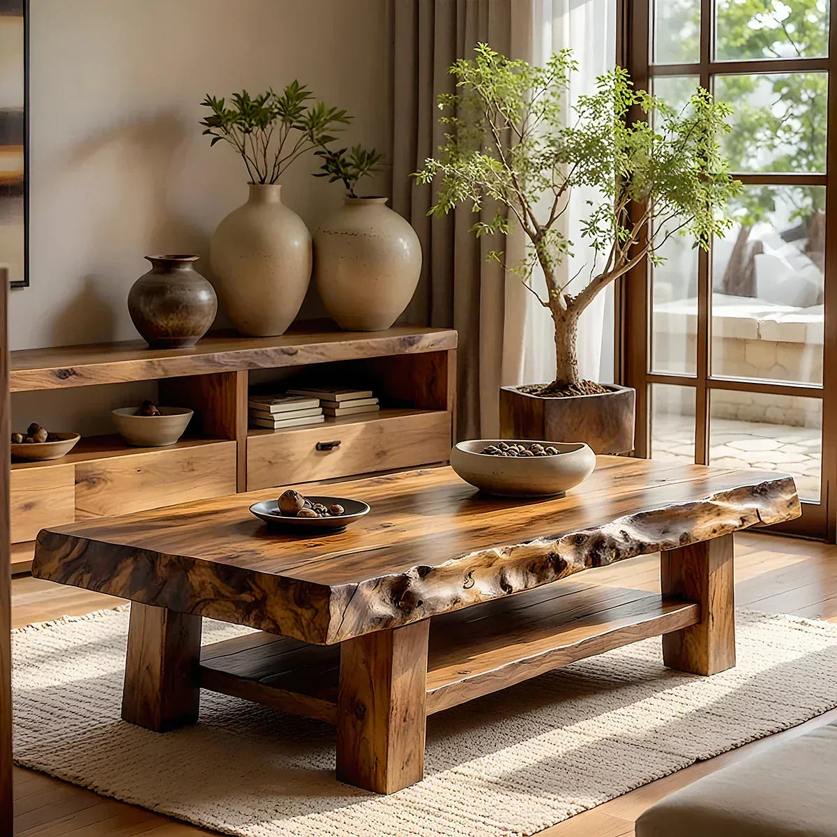 Solid Wood Coffee Table with Live Edge Top and Open Shelf Base - view 2 of 6