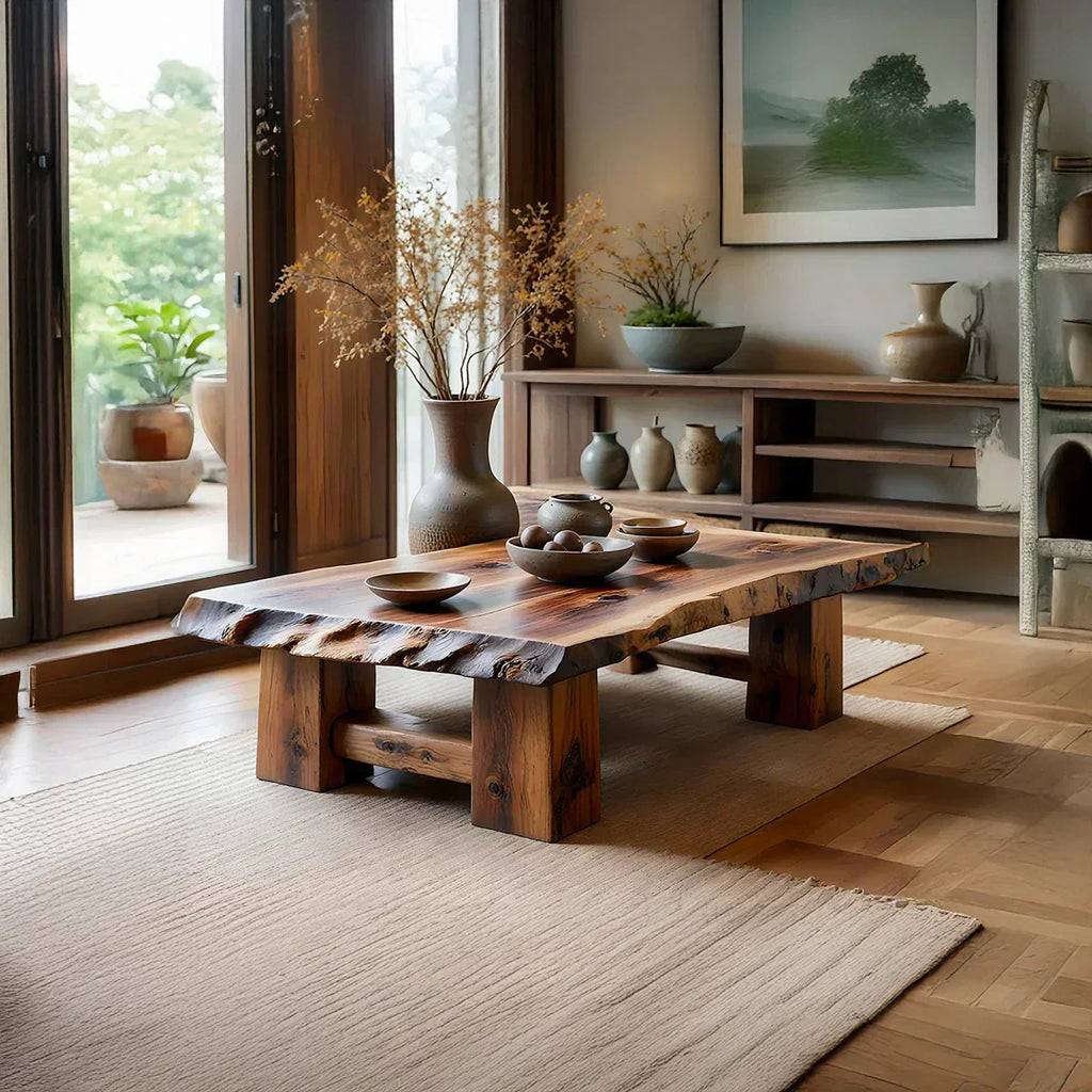 Rustic Solid Wood Coffee Table with Live Edge Top and Thick Block Legs - view 1 of 7