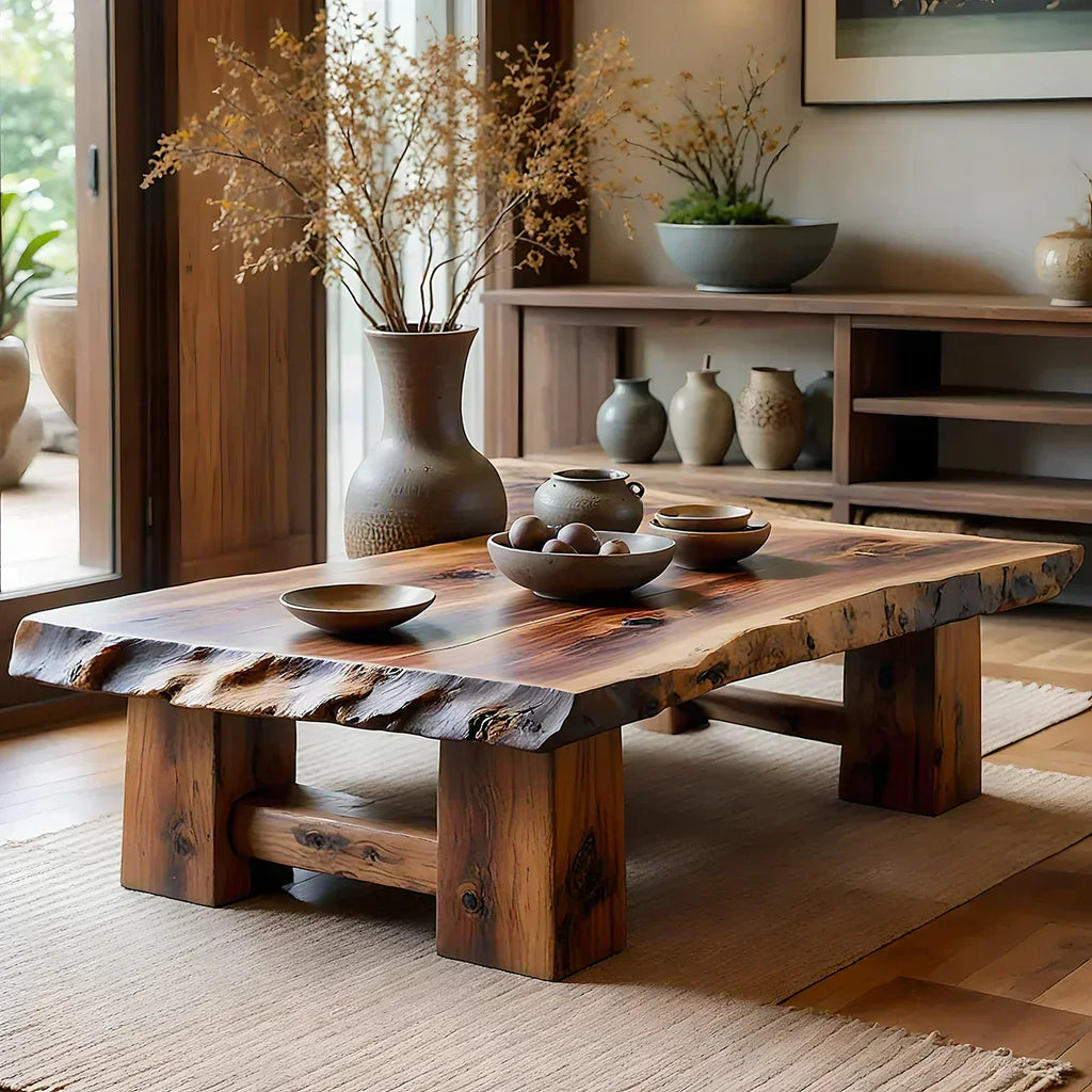Rustic Solid Wood Coffee Table with Live Edge Top and Thick Block Legs - view 2 of 7