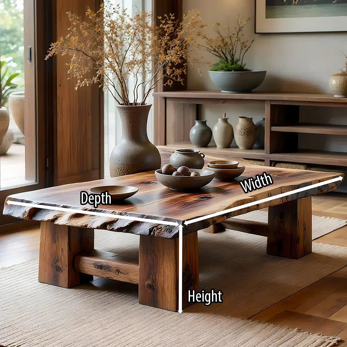 Rustic Solid Wood Coffee Table with Live Edge Top and Thick Block Legs - view 7 of 7