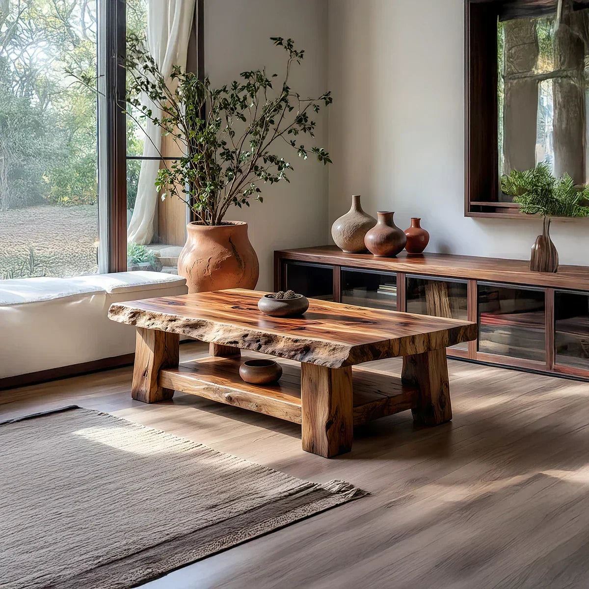 Live Edge Solid Wood Coffee Table with Lower Shelf and Rustic Frame - view 1 of 6