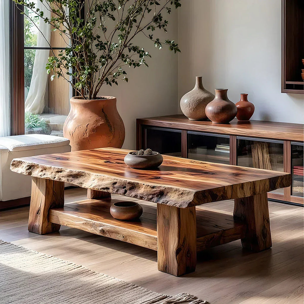 Live Edge Solid Wood Coffee Table with Lower Shelf and Rustic Frame - view 2 of 6
