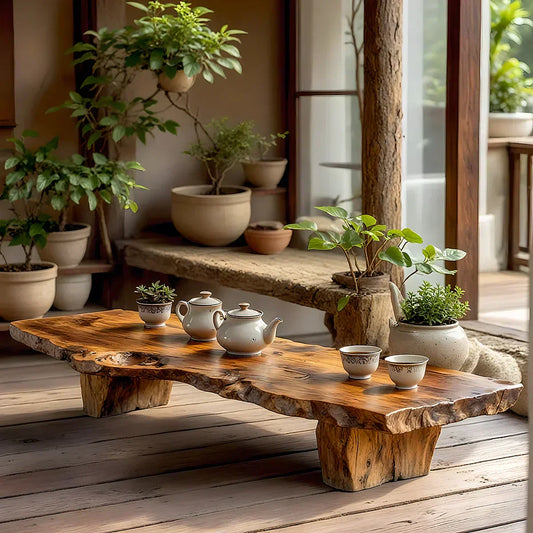 Handcrafted Solid Wood Tea Table with Live Edge and Rustic Block Base - view 1 of 7