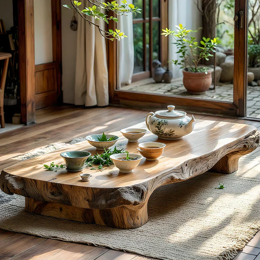 Low Solid Wood Tea Table with Natural Live Edge and Organic Base - view 2 of 7