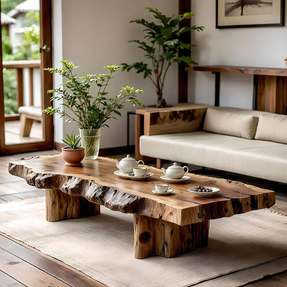 Live Edge Coffee Table in Solid Wood with Rustic Block Base - view 1 of 6