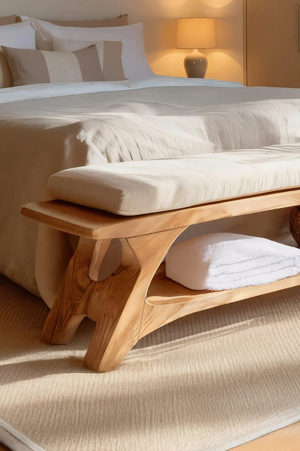 Modern Sculpted Wood Bench For Bedroom Interior Styling - view 3 of 7