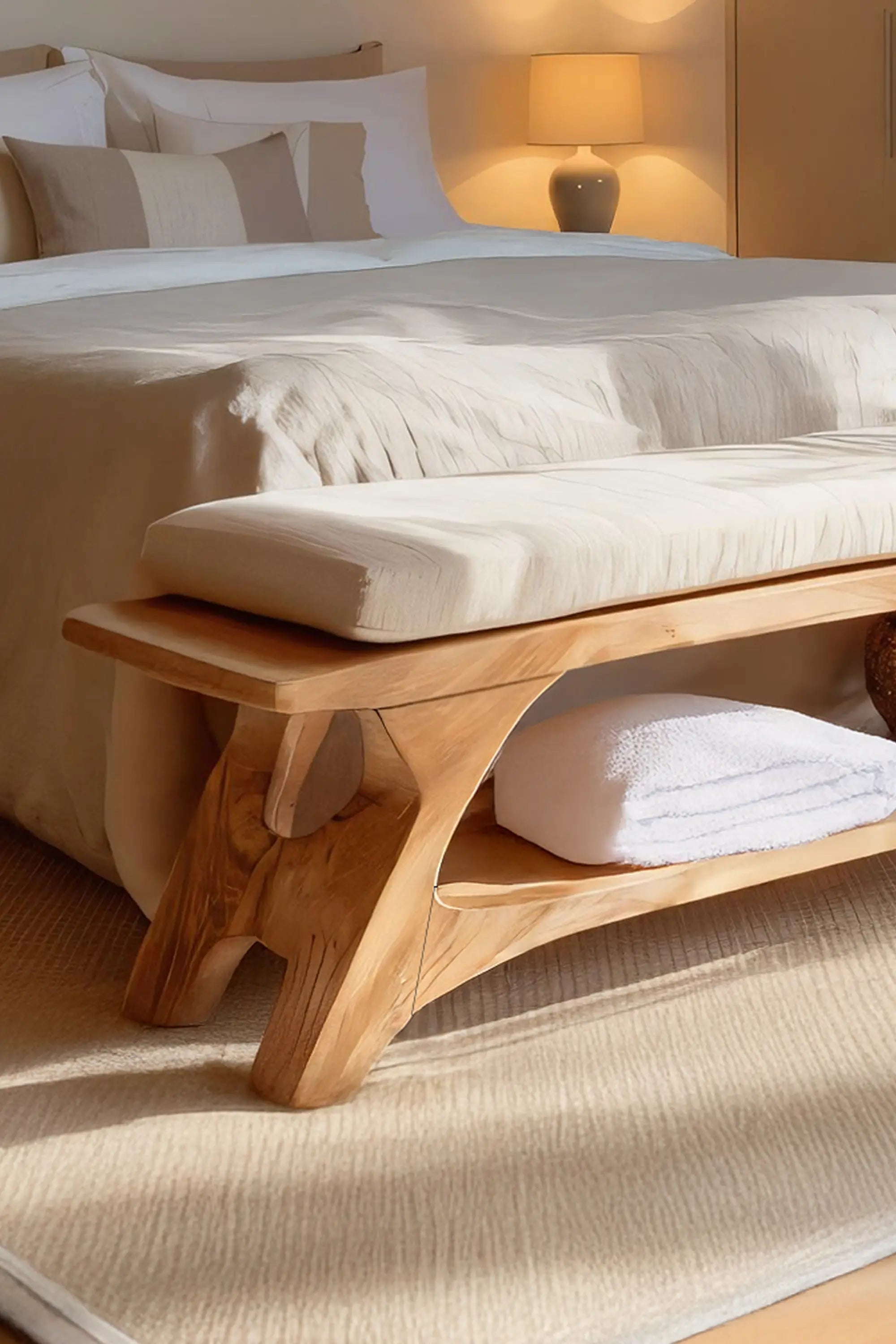 Modern Sculpted Wood Bench For Bedroom Interior Styling - view 3 of 7