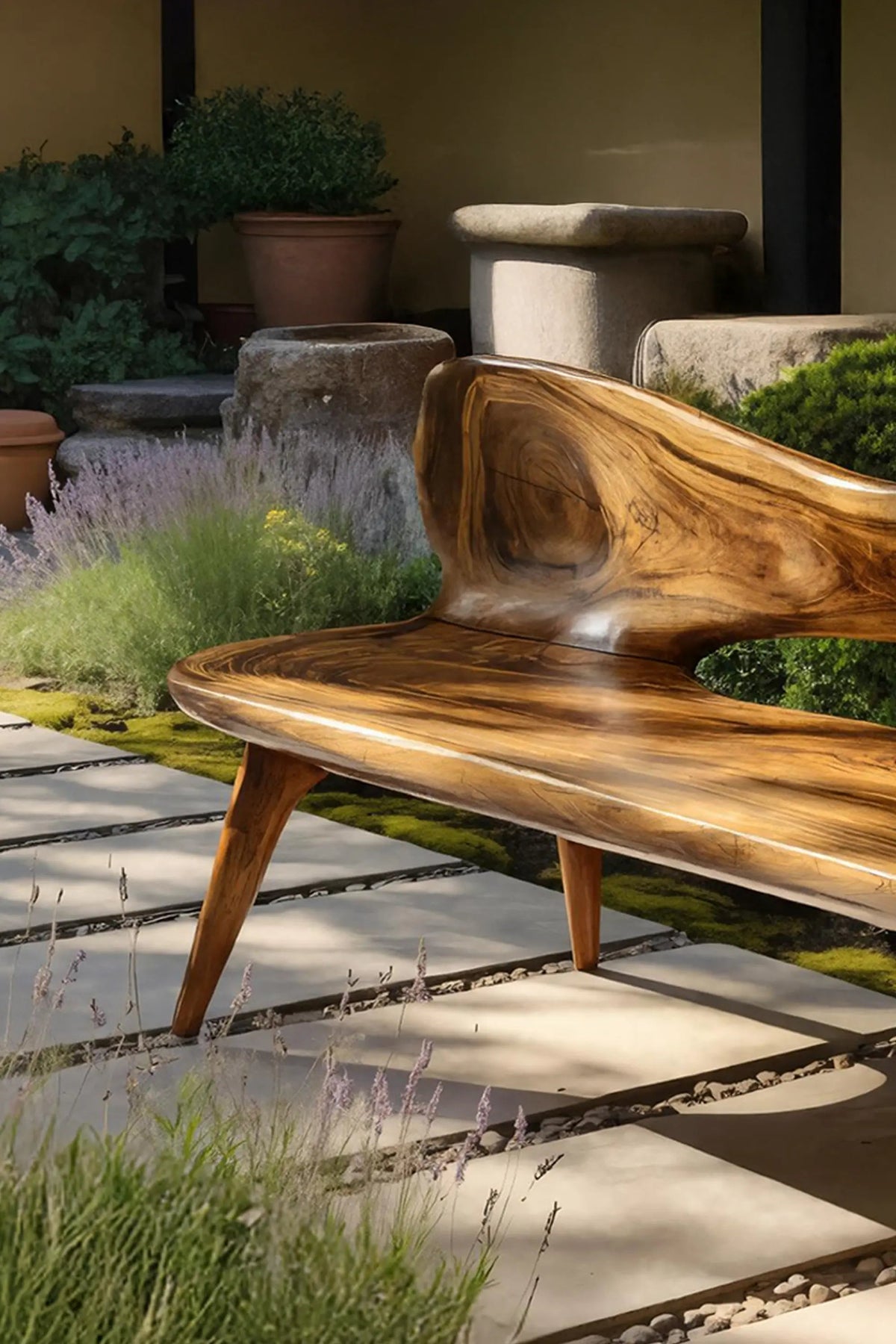 Mid Century Artistic Wooden Bench For Patio Setup - view 3 of 7