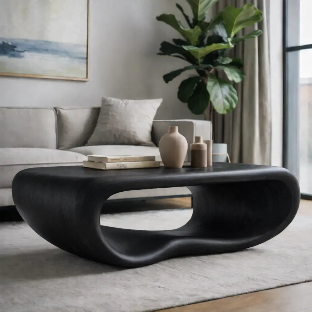 Modern Solid Wood Coffee Table with Sculptural Curved Design Minimalist Living Room Table - view 5 of 9