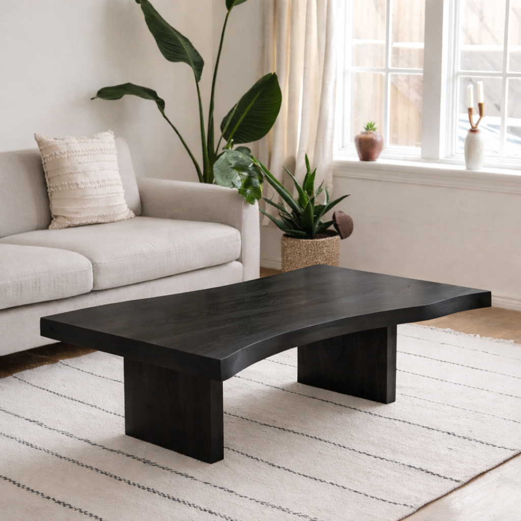 Solid Wood Coffee Table with Live Edge Top and Minimal Block Legs - view 3 of 9