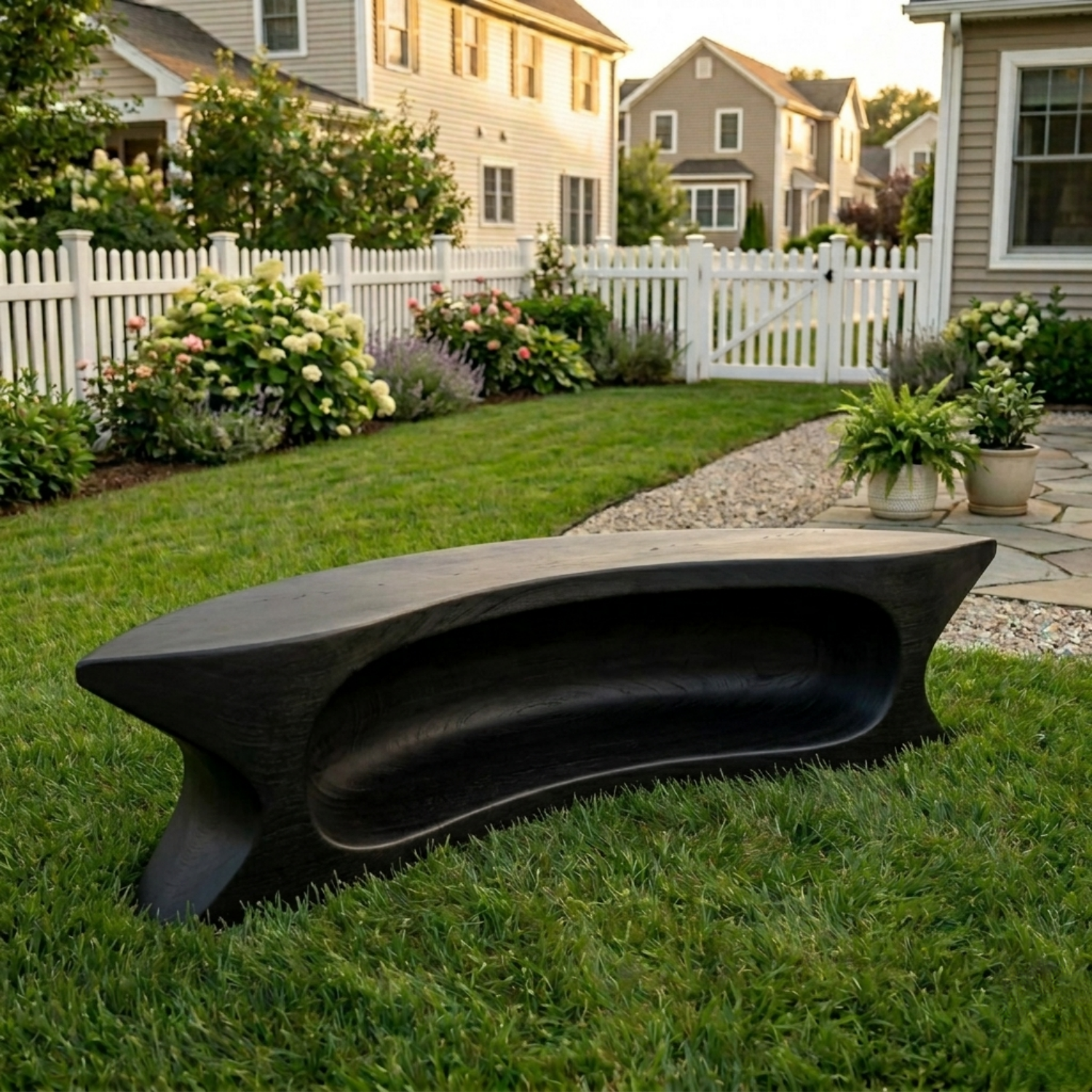 Solid Wood Outdoor Bench with Sculpted Hollow Base and Organic Curved Silhouette - view 5 of 8