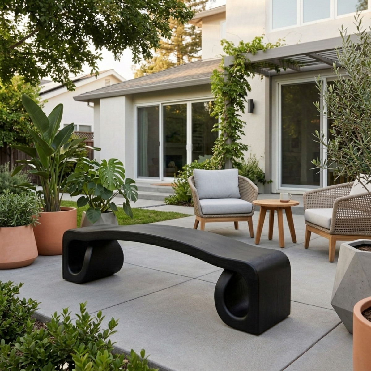 Solid Wood Outdoor Bench with Sculpted Wave Seat and Hollow Base Design - view 4 of 7