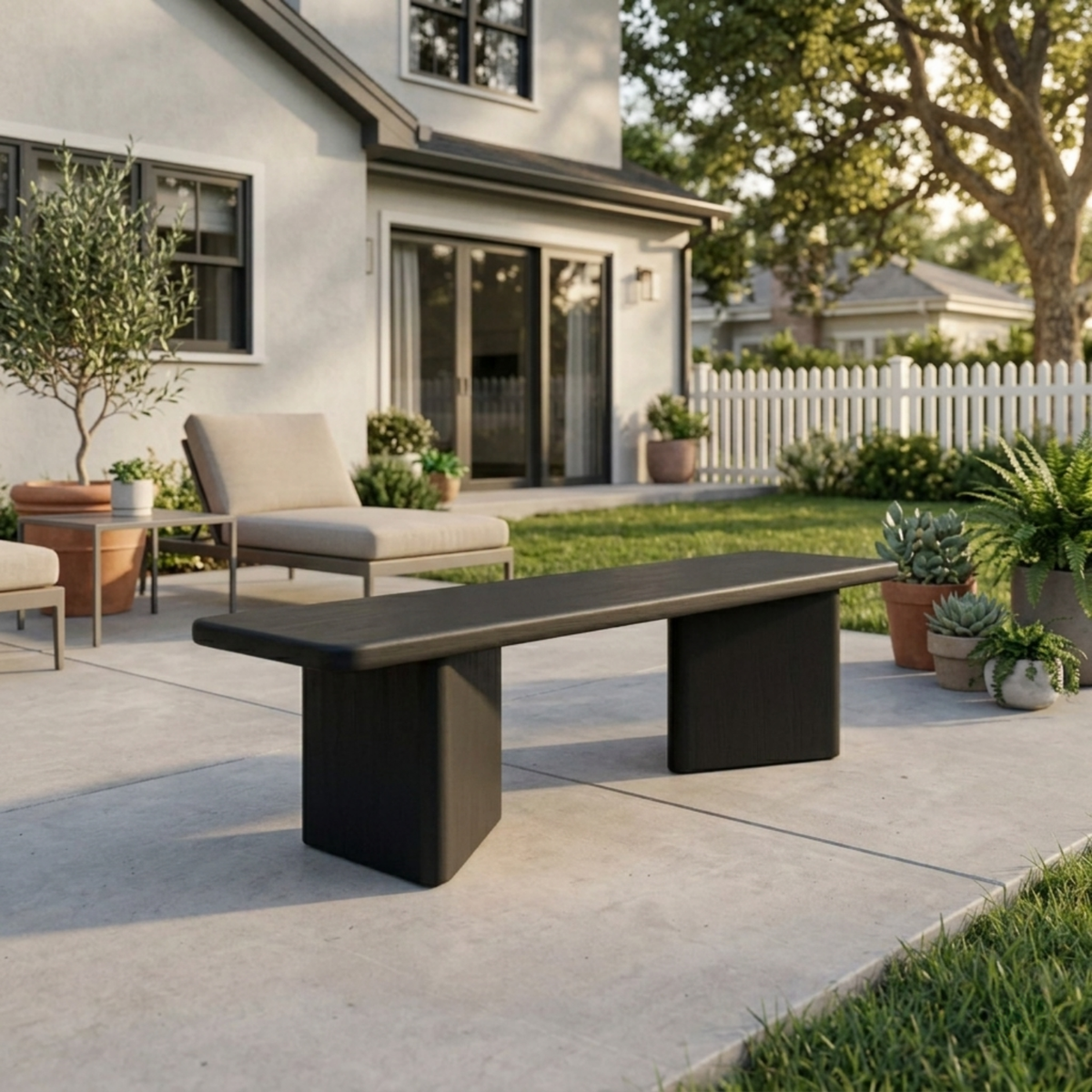 Solid Wood Outdoor Bench Minimalist Slab Seat with Block Leg Base Design - view 4 of 7