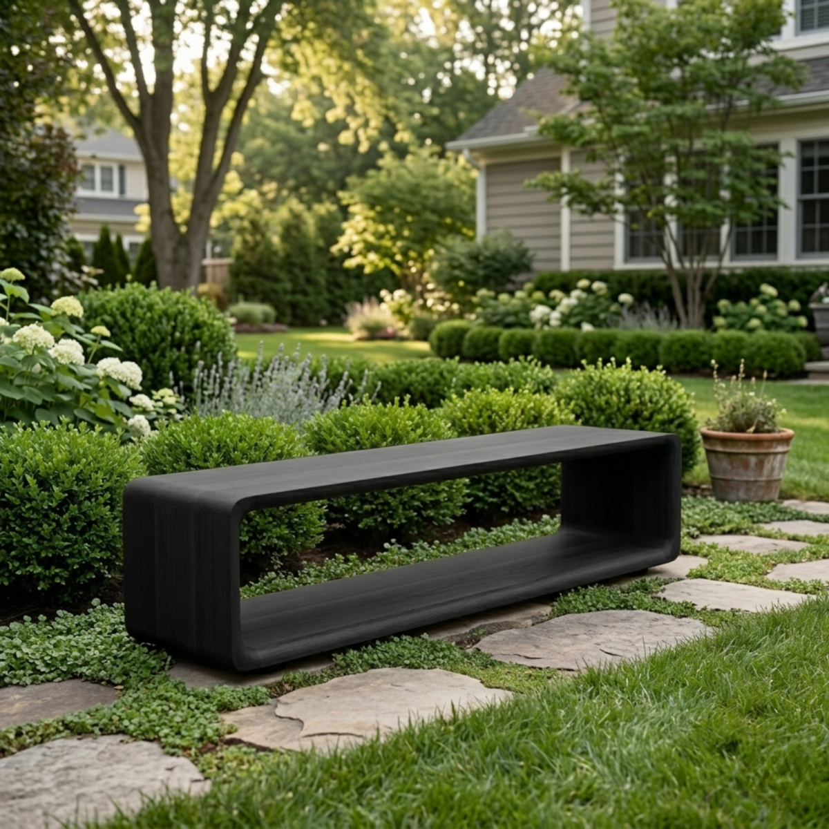 Solid Wood Outdoor Bench with Open Shelf Base and Rounded Waterfall Frame - view 5 of 8