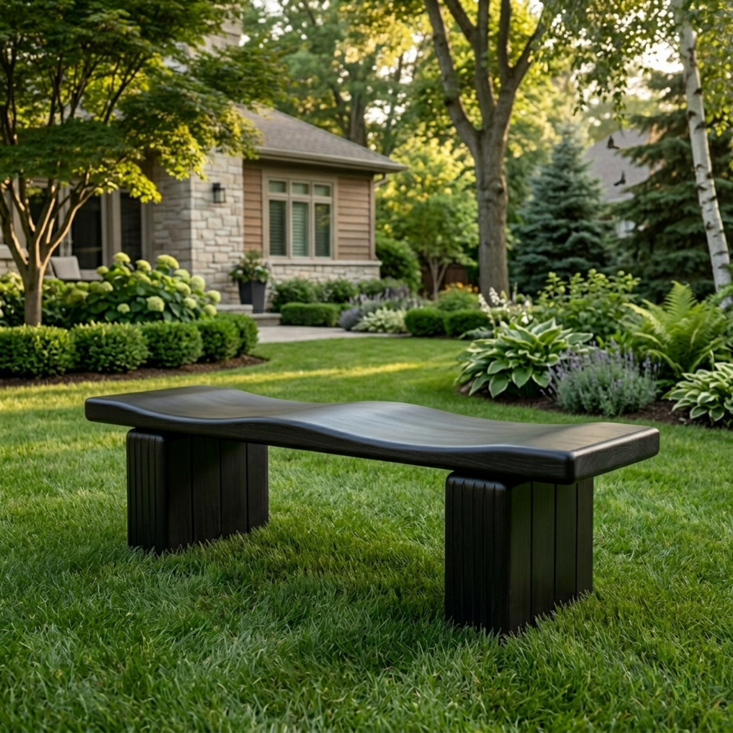 Solid Wood Outdoor Bench with Sculpted Wave Seat and Fluted Block Legs - view 4 of 7