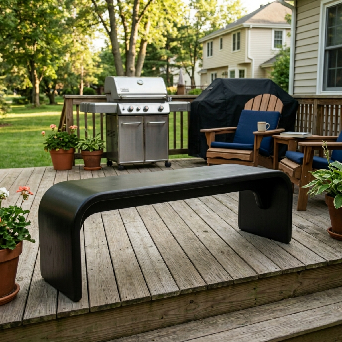 Solid Wood Outdoor Bench with Curved Waterfall Design and Minimalist Profile - view 4 of 7