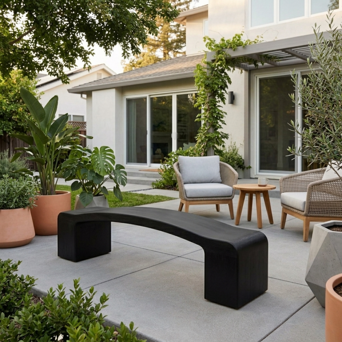 Solid Wood Outdoor Bench Curved Seat with Sculptural Block Legs Minimalist Design - view 3 of 7