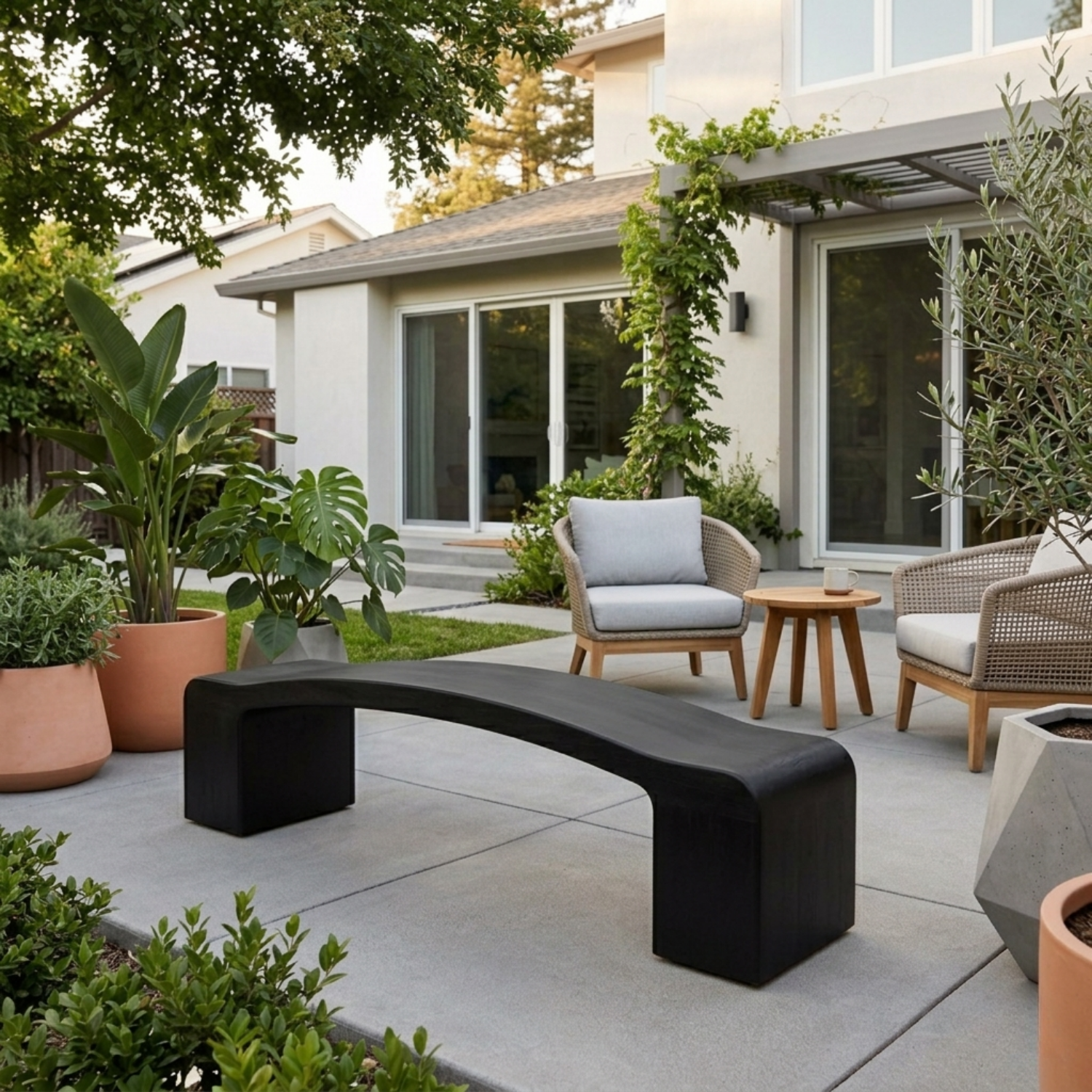 Solid Wood Outdoor Bench Curved Seat with Sculptural Block Legs Minimalist Design - view 3 of 7