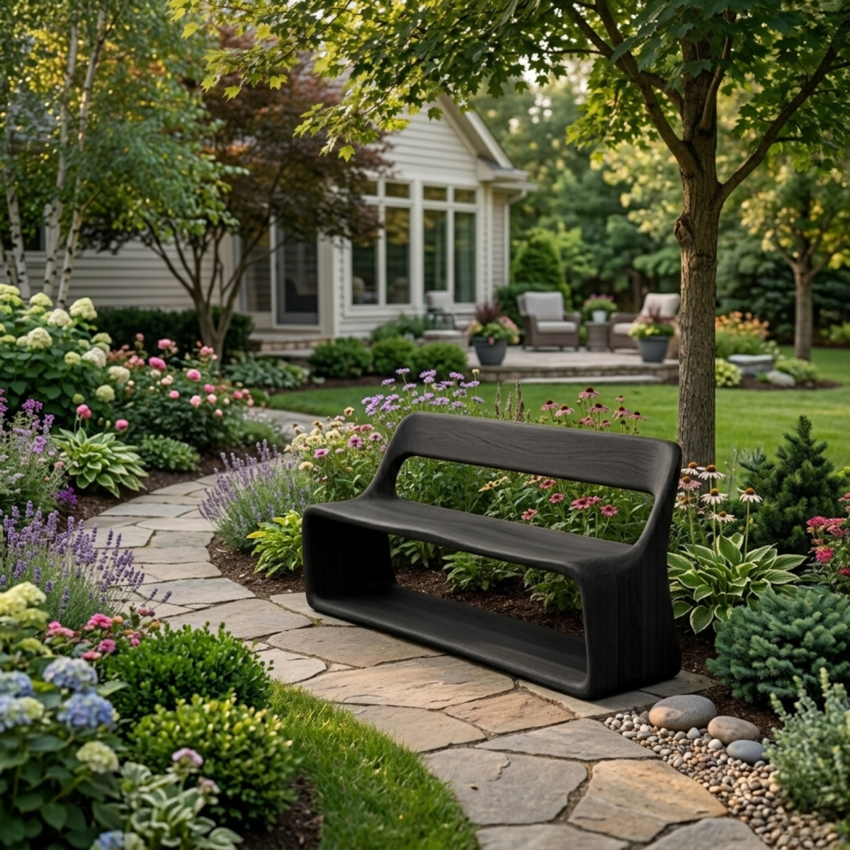 Solid Wood Outdoor Bench with Curved Backrest and Integrated Open Shelf Base - view 4 of 7