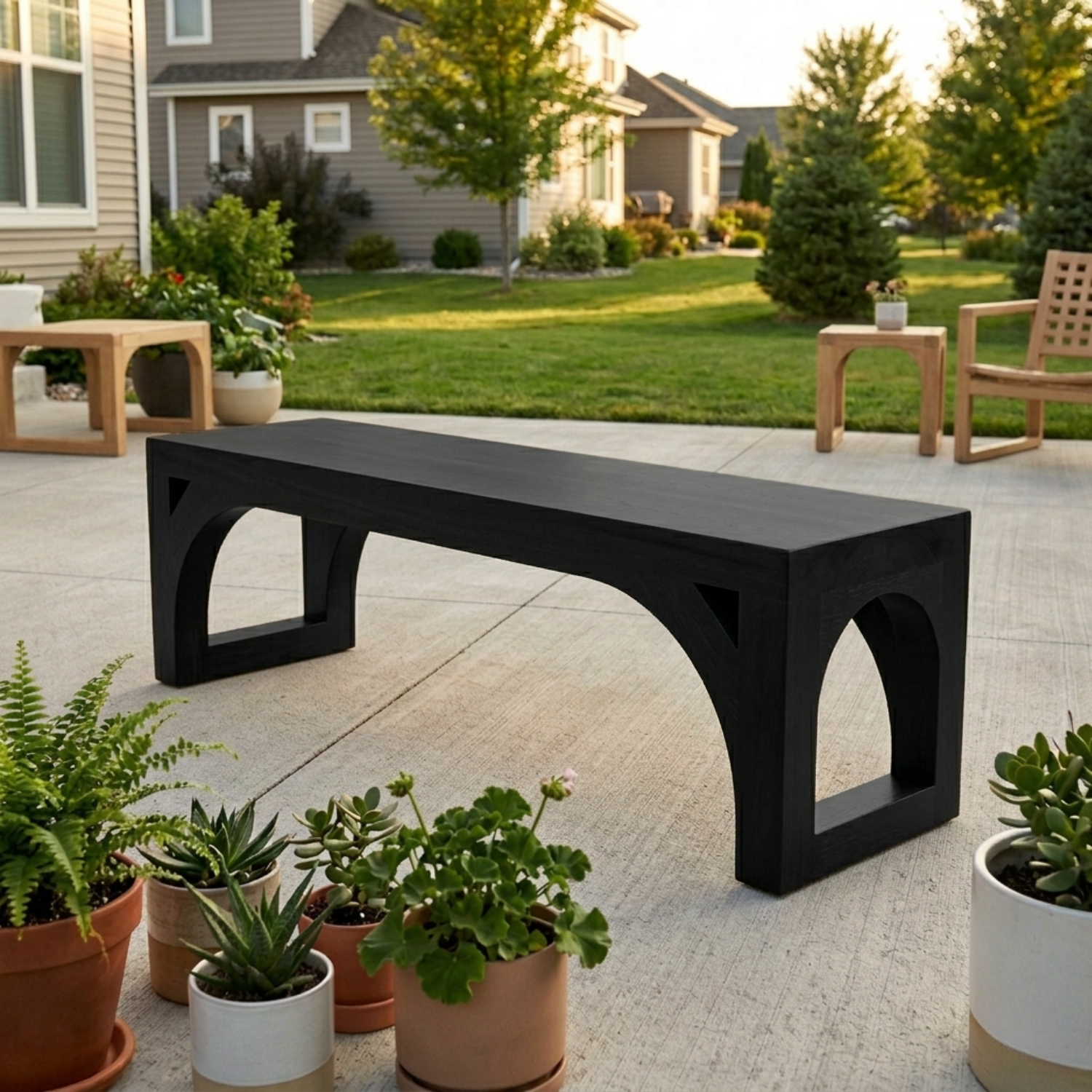 Solid Wood Outdoor Bench with Arched Base and Minimalist Rectangular Design - view 4 of 7