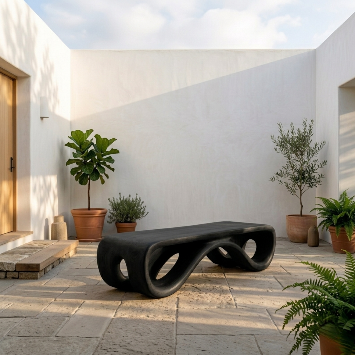 Handcrafted Solid Wood Outdoor Bench Sculptural Curved Base Organic Modern Minimal Design - view 4 of 8