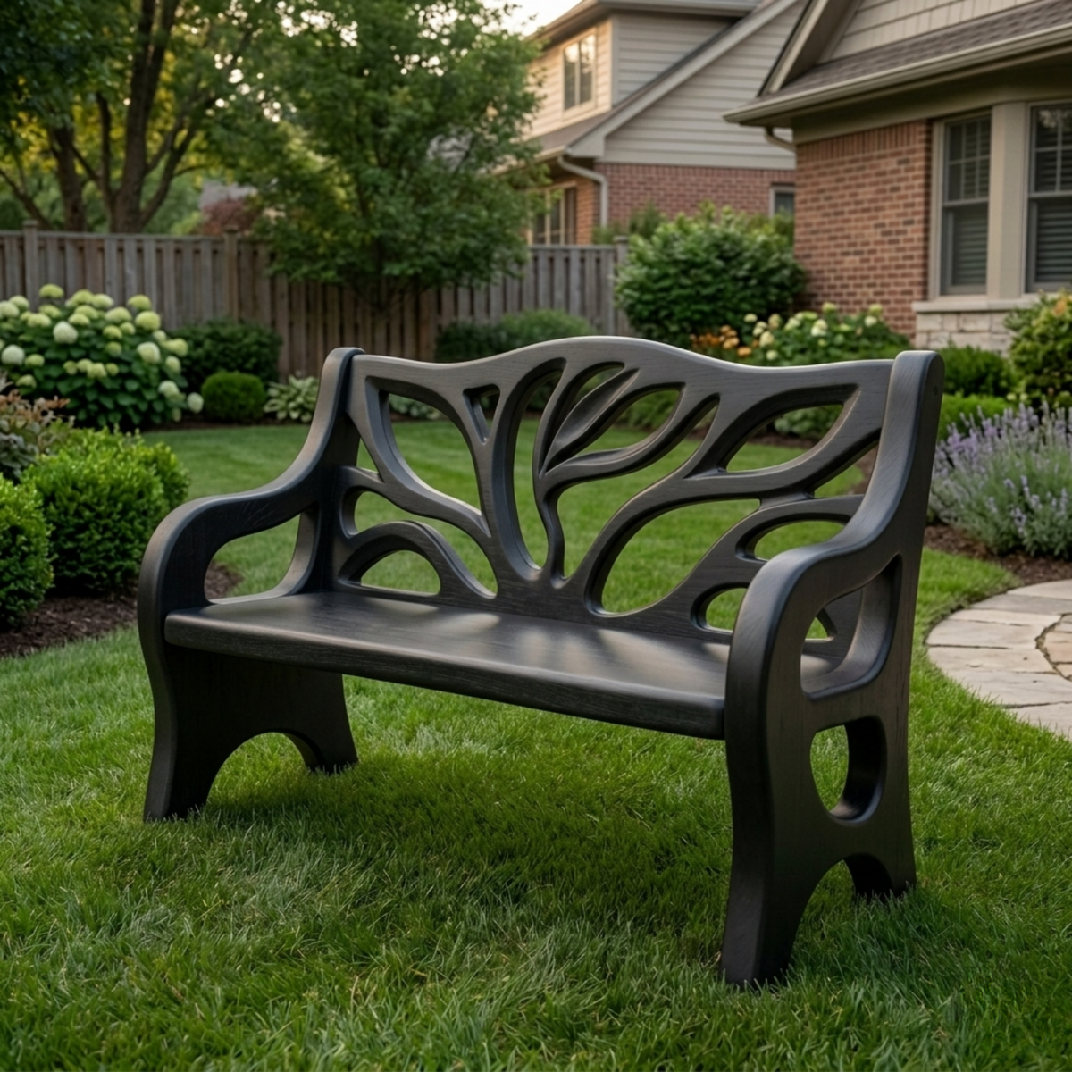 Solid Wood Outdoor Bench with Tree-Inspired Carved Backrest Garden Patio Seating - view 4 of 7