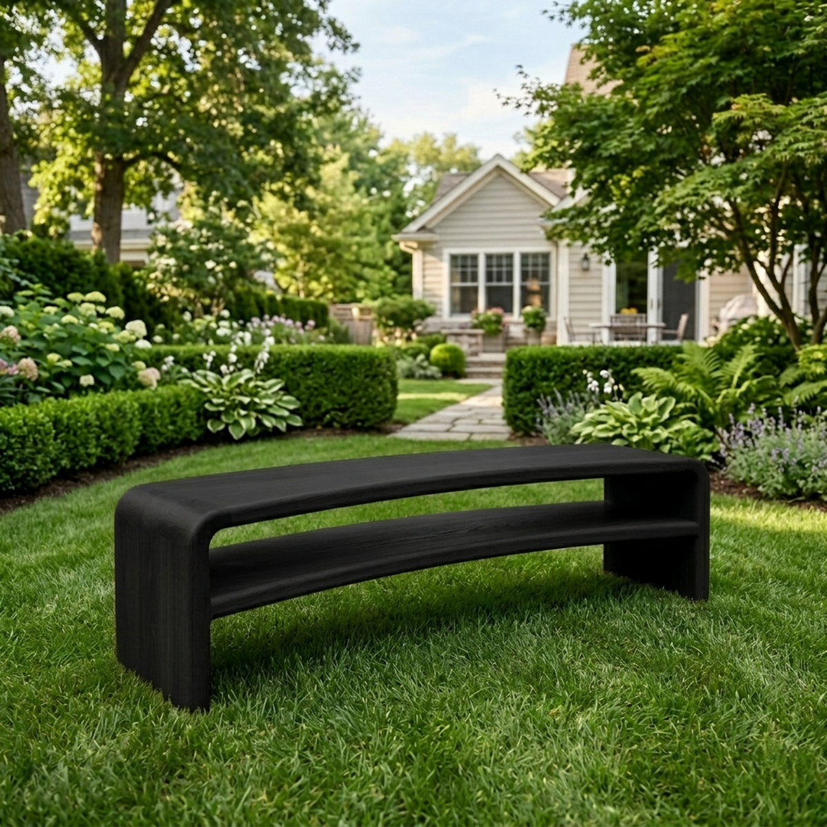 Solid Wood Outdoor Bench with Curved Waterfall Frame and Open Shelf Design - view 4 of 7