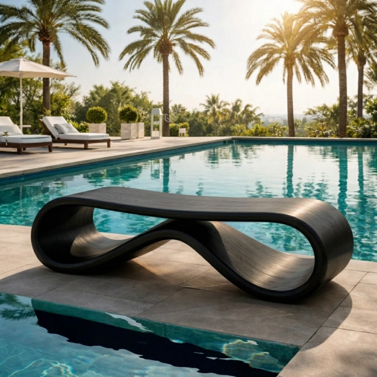 Handcrafted Outdoor Solid Wood Bench Sculptural Wave Form Modern Poolside Seating - view 4 of 7
