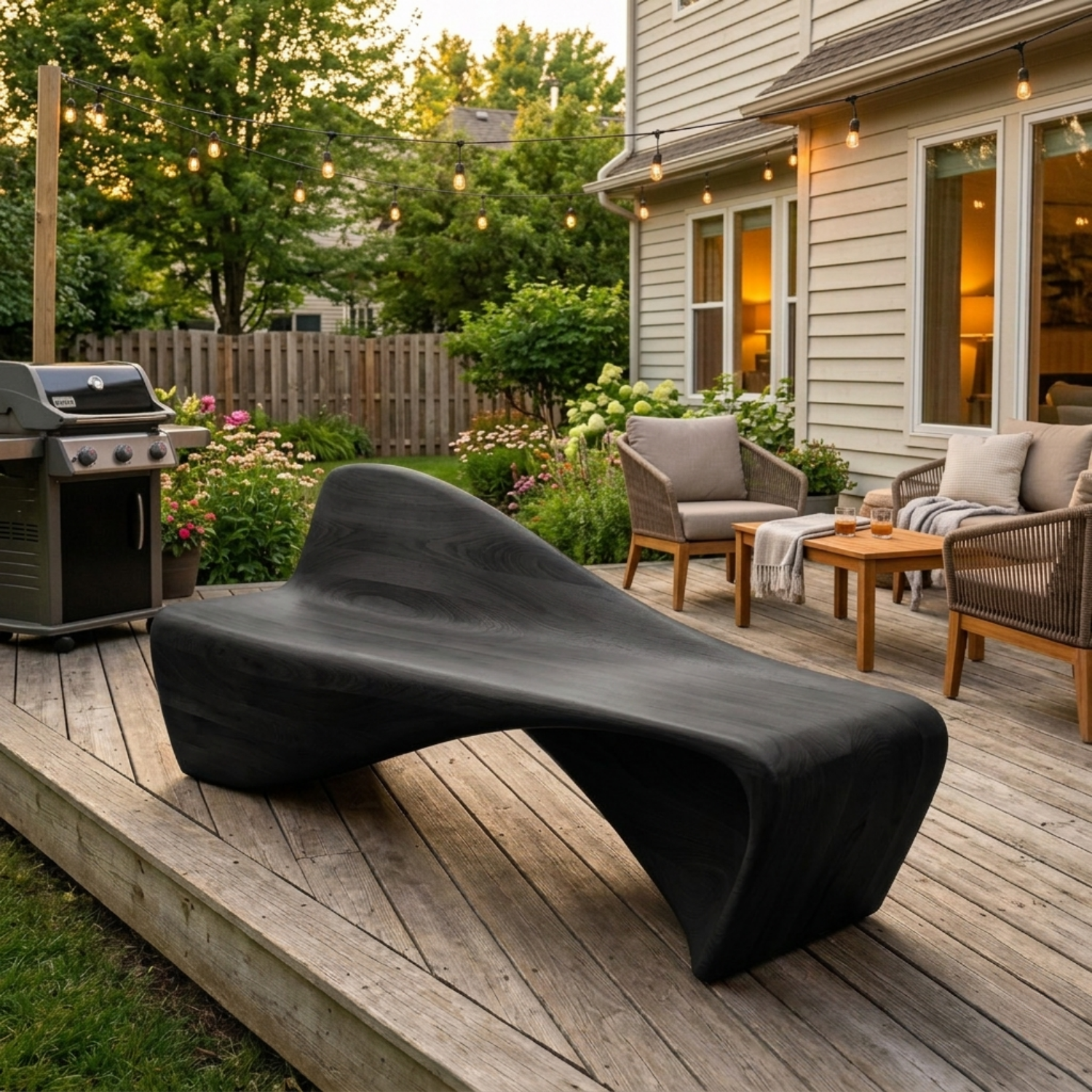 Solid Wood Outdoor Bench Sculptural Lounge Style with Ergonomic Curved Seat - view 4 of 7