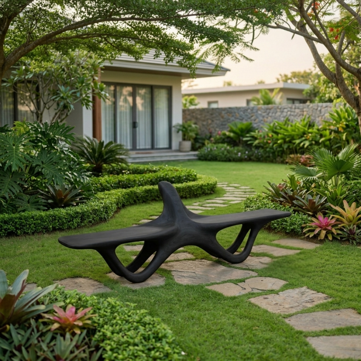 Solid Wood Outdoor Bench Sculptural Organic Form with Curved Flowing Base Design - view 3 of 7