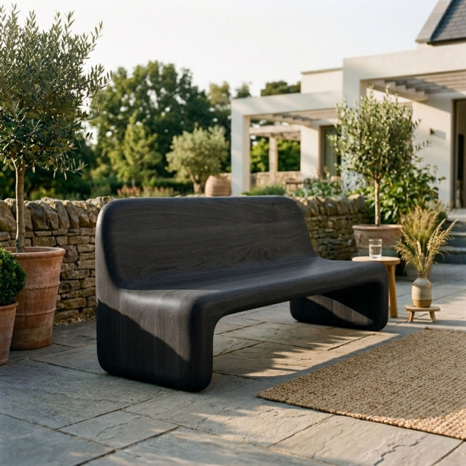 Handcrafted Solid Wood Outdoor Sofa – Sculptural Curved Patio Bench Seat - view 4 of 7