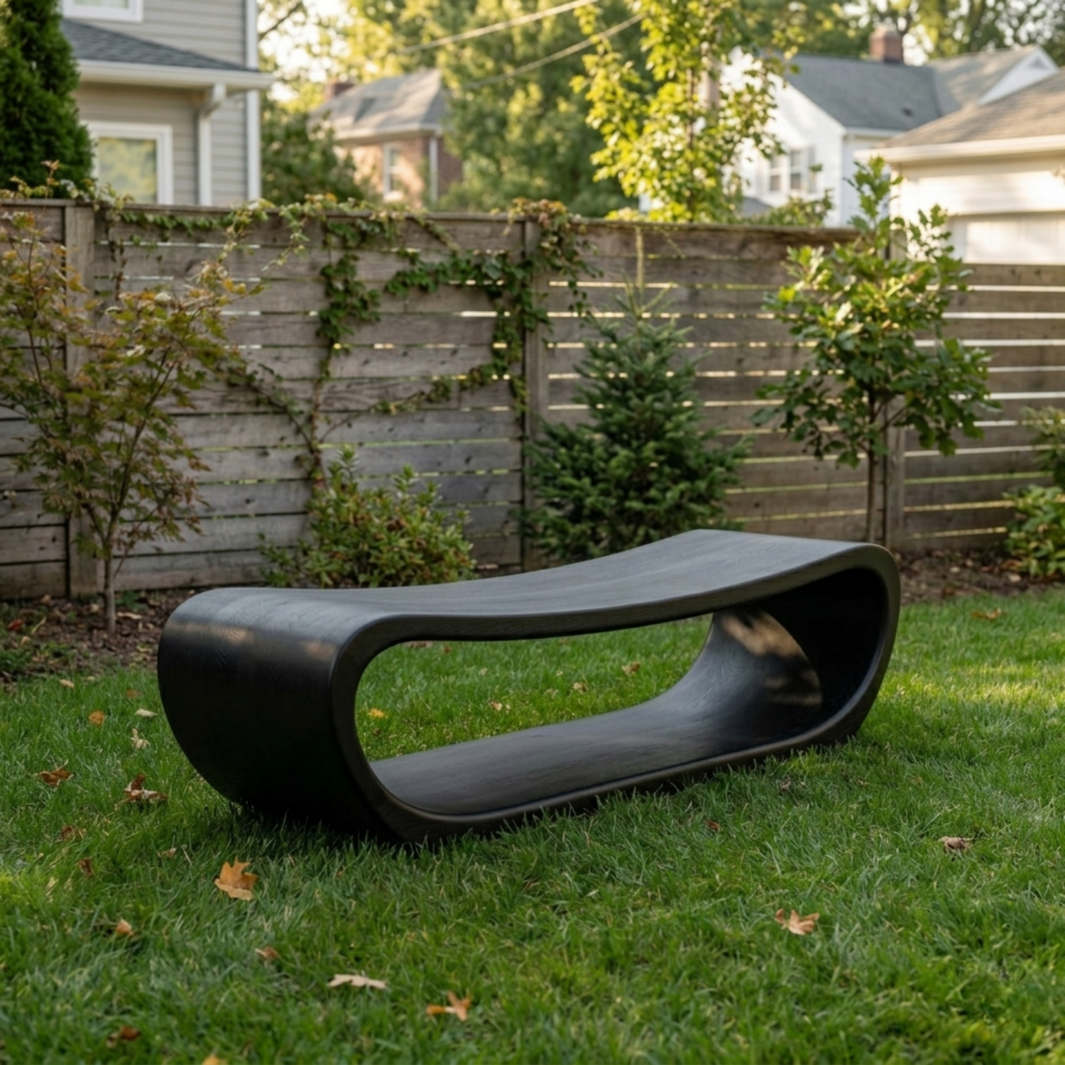Solid Wood Outdoor Bench Curved Hollow Design with Sculptural Loop Base - view 5 of 8