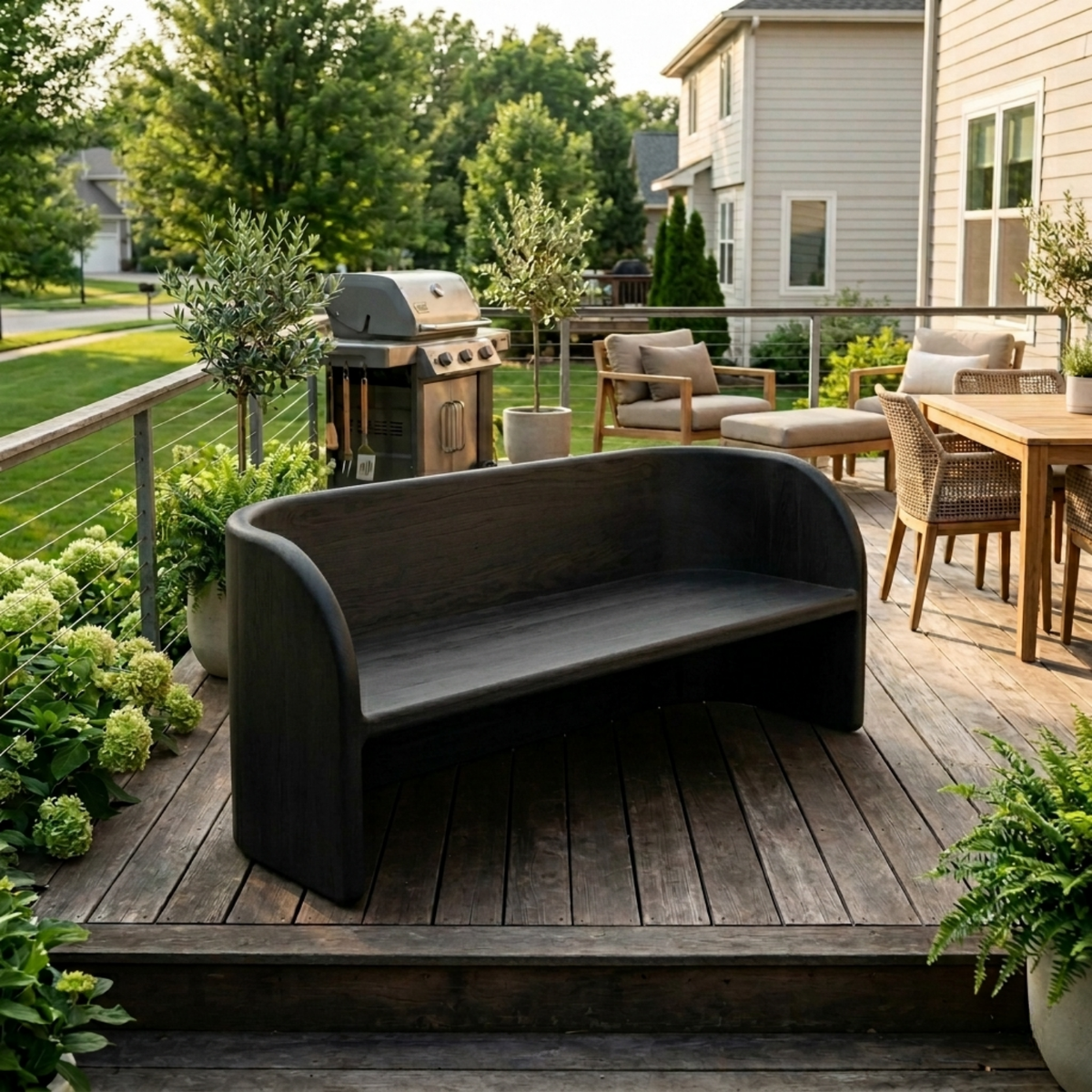 Solid Wood Outdoor Bench with Curved Backrest Sculptural Wraparound Design - view 4 of 7
