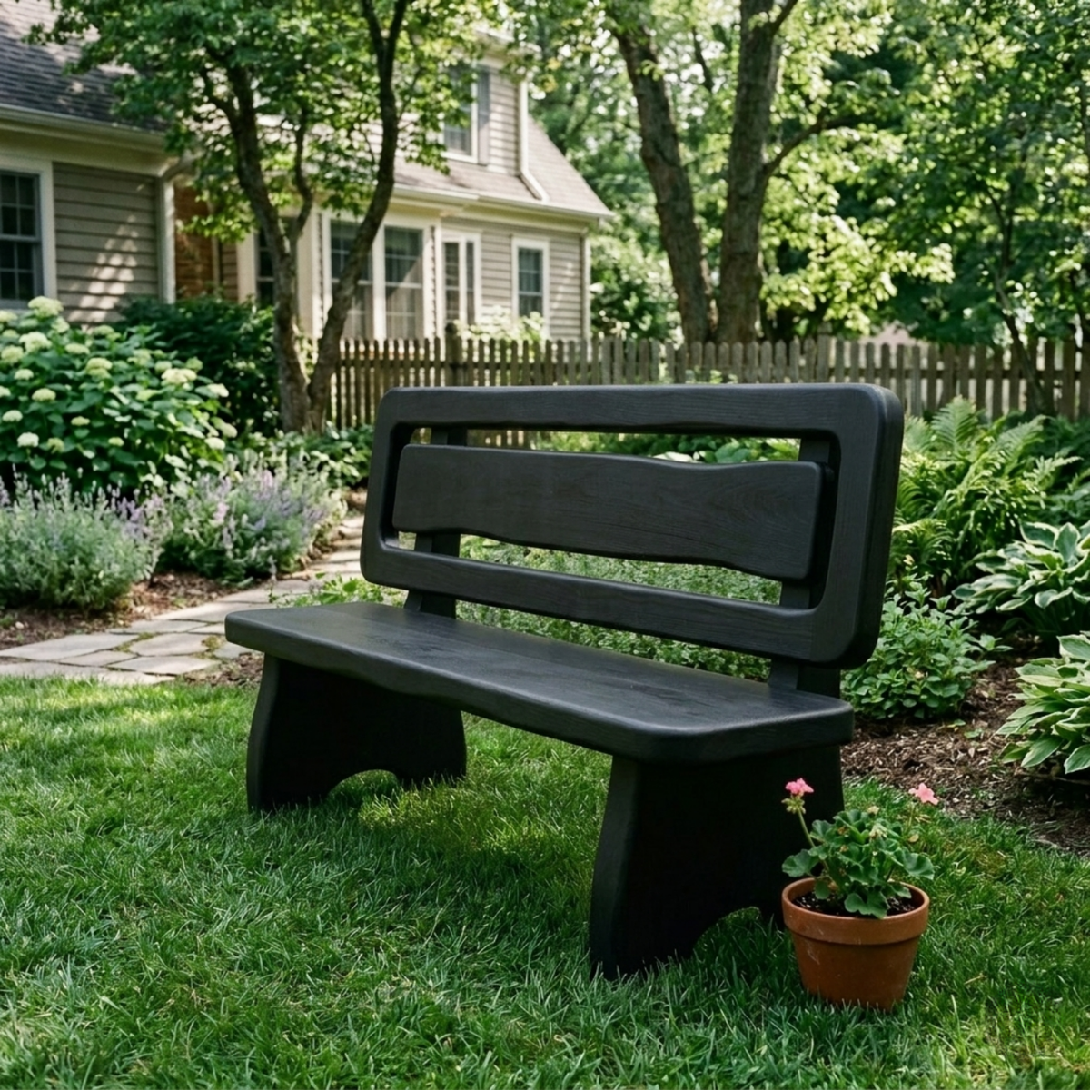 Solid Wood Outdoor Bench with Double Slat Back Modern Garden Patio Seating - view 4 of 7