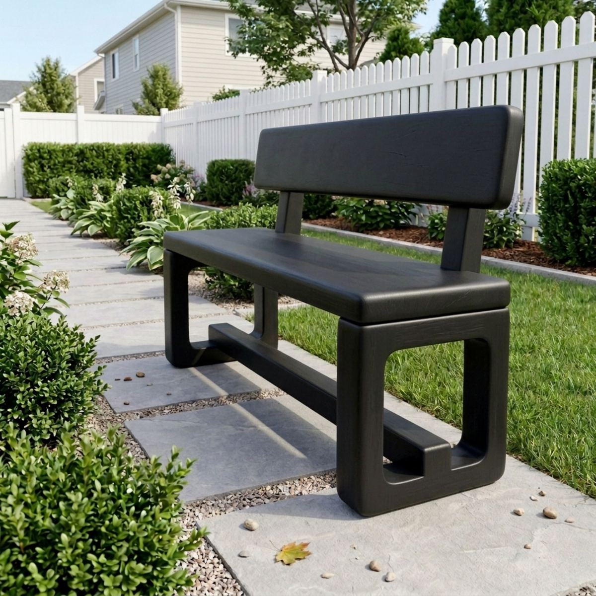 Solid Wood Outdoor Bench with Backrest and Modern Geometric Frame - view 4 of 7