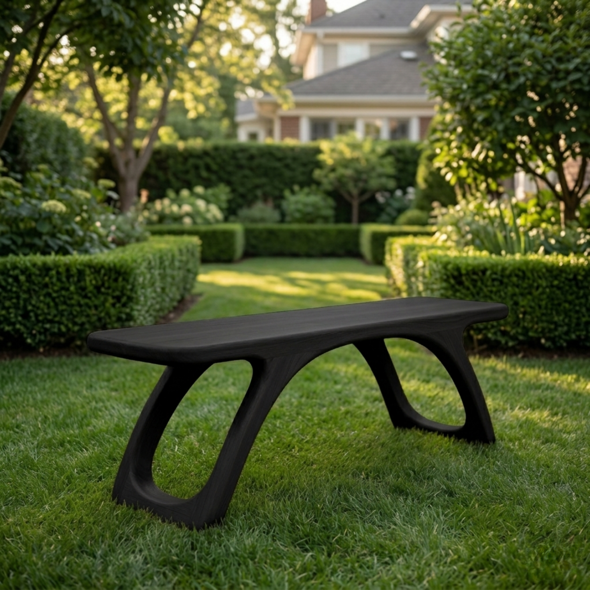 Solid Wood Outdoor Bench with Sculptural Cut-Out Legs and Organic Curved Frame - view 4 of 7