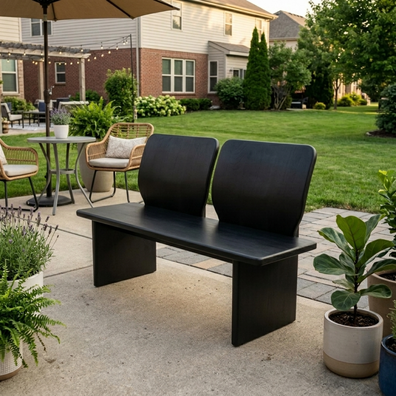 Solid Wood Outdoor Bench with Dual Curved Backrests Modern Sculptural Seating - view 4 of 7