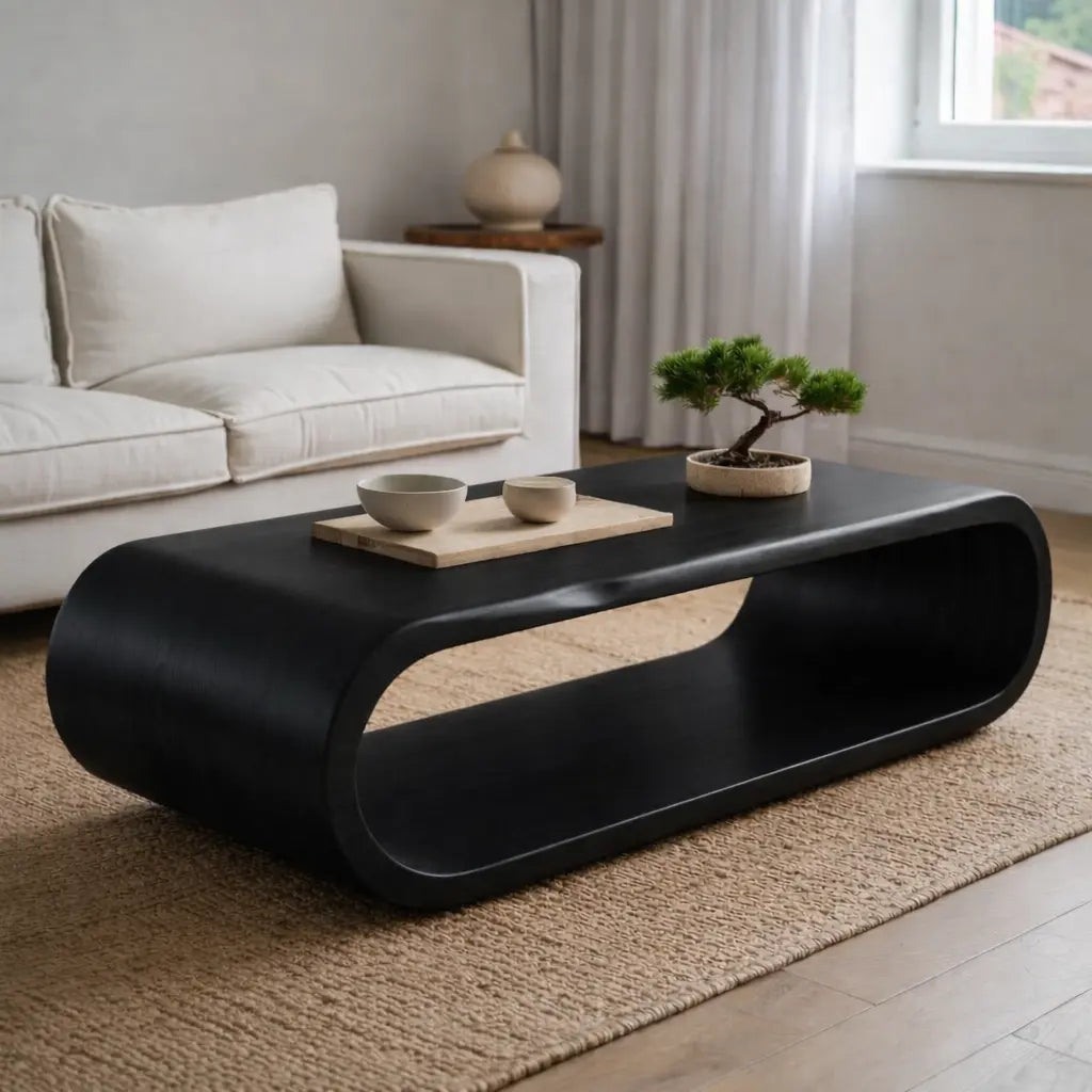 Sculptural Walnut Coffee Table with Curved Design and Open Shelf, Modern Living Room Decor - view 4 of 9