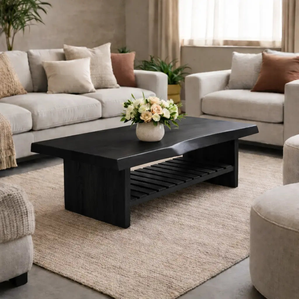 Live Edge Walnut Coffee Table with Slatted Shelf, Natural Modern Design for Living Room - view 5 of 9