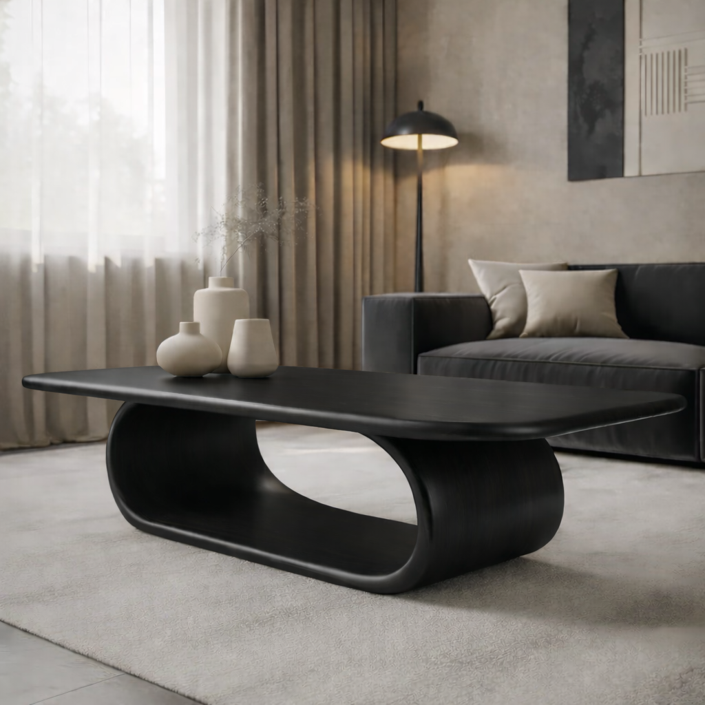 Sculptural Walnut Coffee Table with Curved Design and Open Shelf, Modern Living Room Décor - view 4 of 9