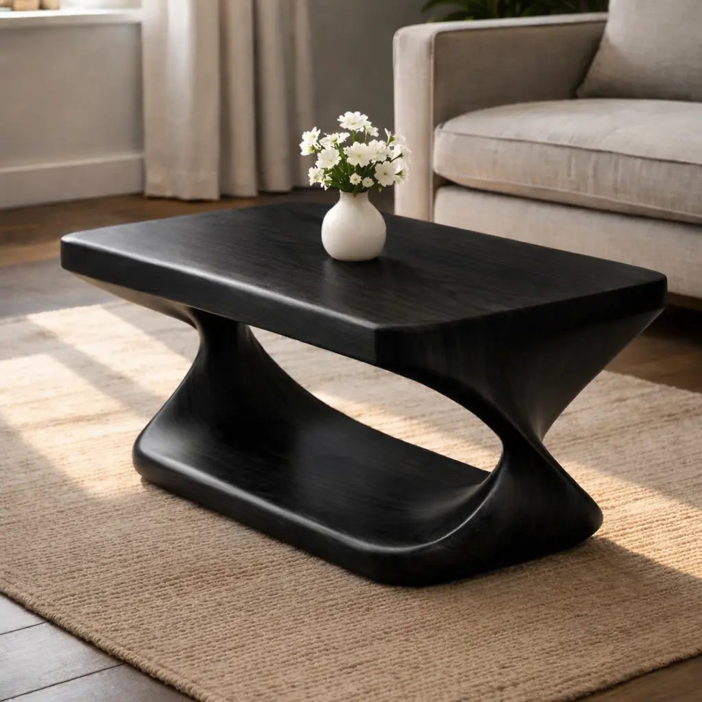Modern Solid Wood Coffee Table with Sculptural Curved Base and Rectangular Wood Top - view 5 of 9