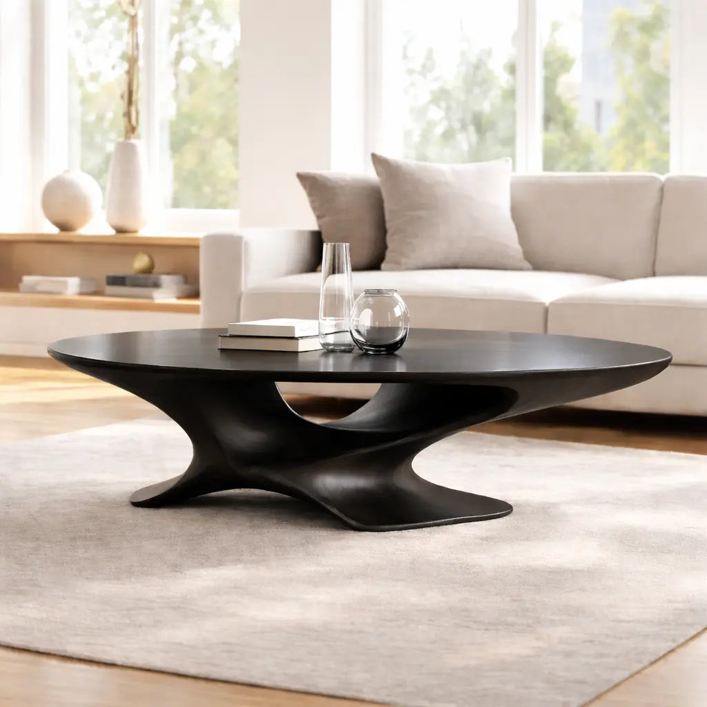 Modern Solid Wood Coffee Table with Sculptural Base and Round Wooden Living Room Table - view 5 of 9