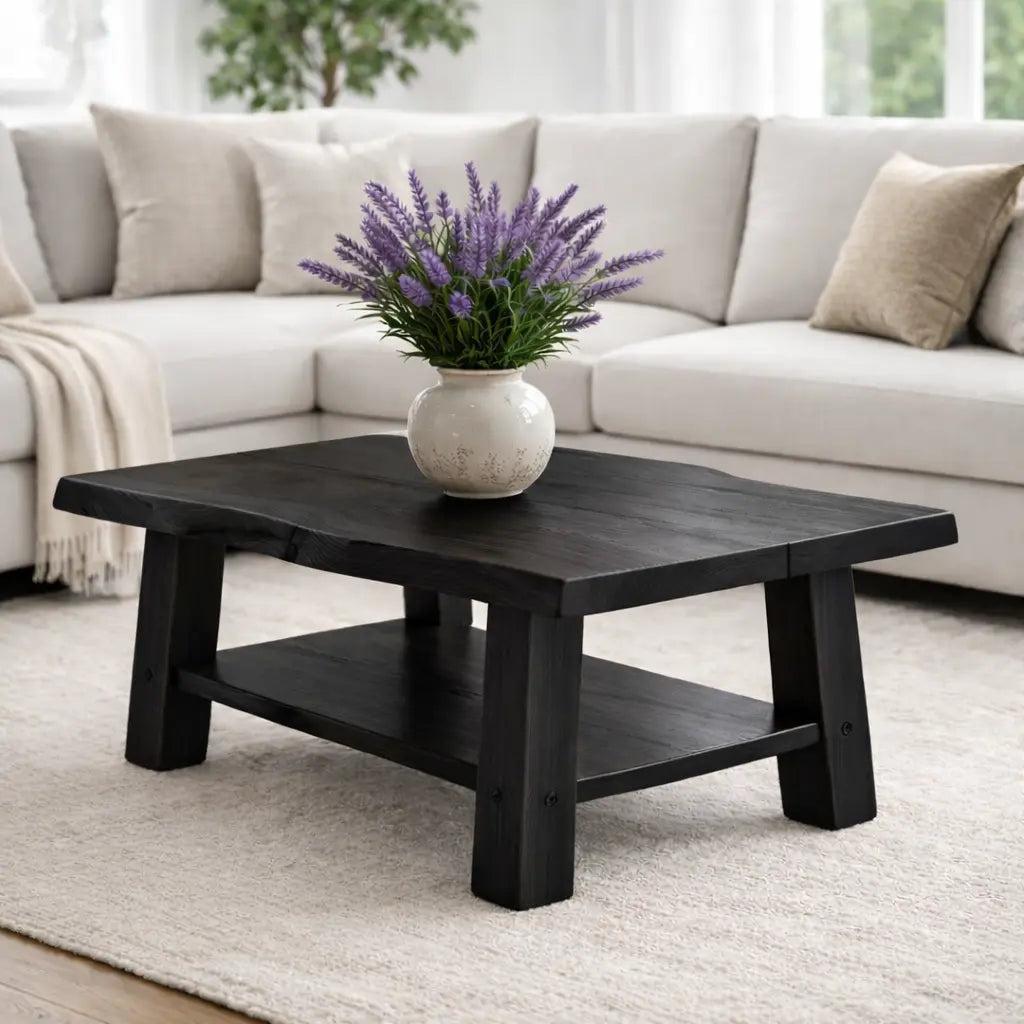 Solid Wood Coffee Table with Storage Shelf Rustic Wooden Living Room Table - view 5 of 9